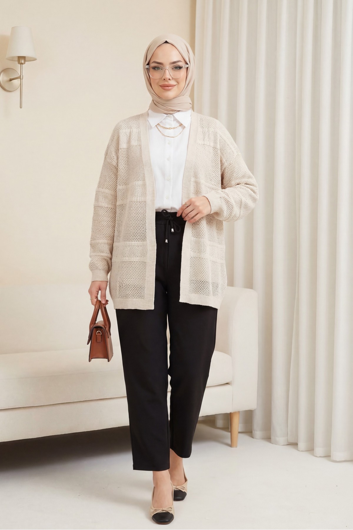 Patterned Openwork Knit Cardigan -Stone