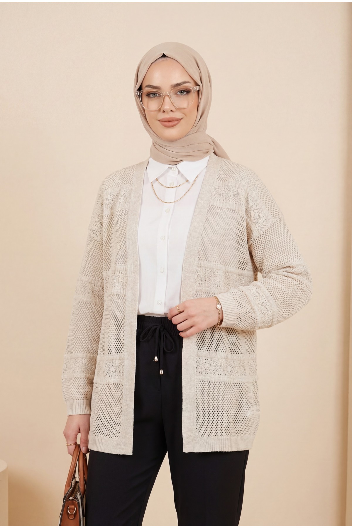 Patterned Openwork Knit Cardigan -Stone