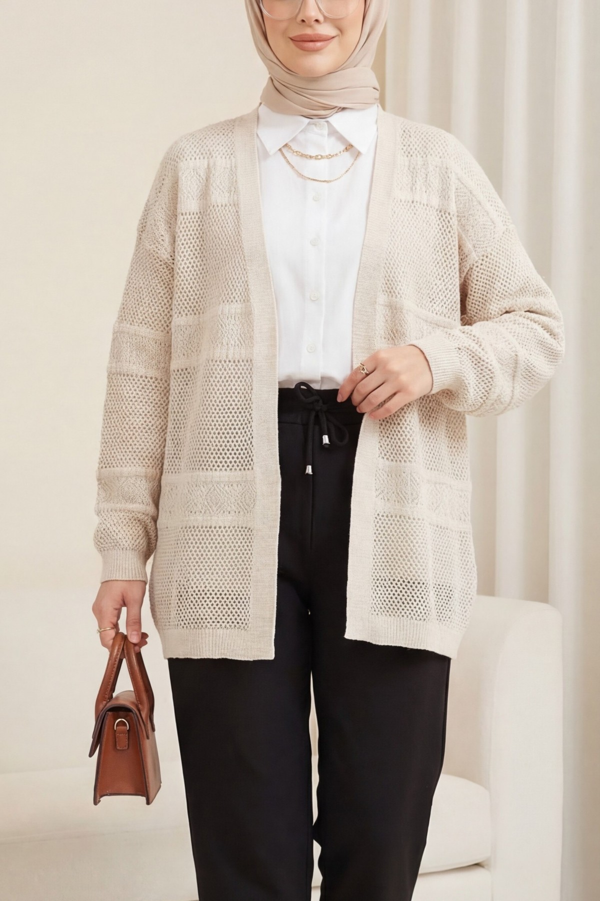 Patterned Openwork Knit Cardigan -Stone