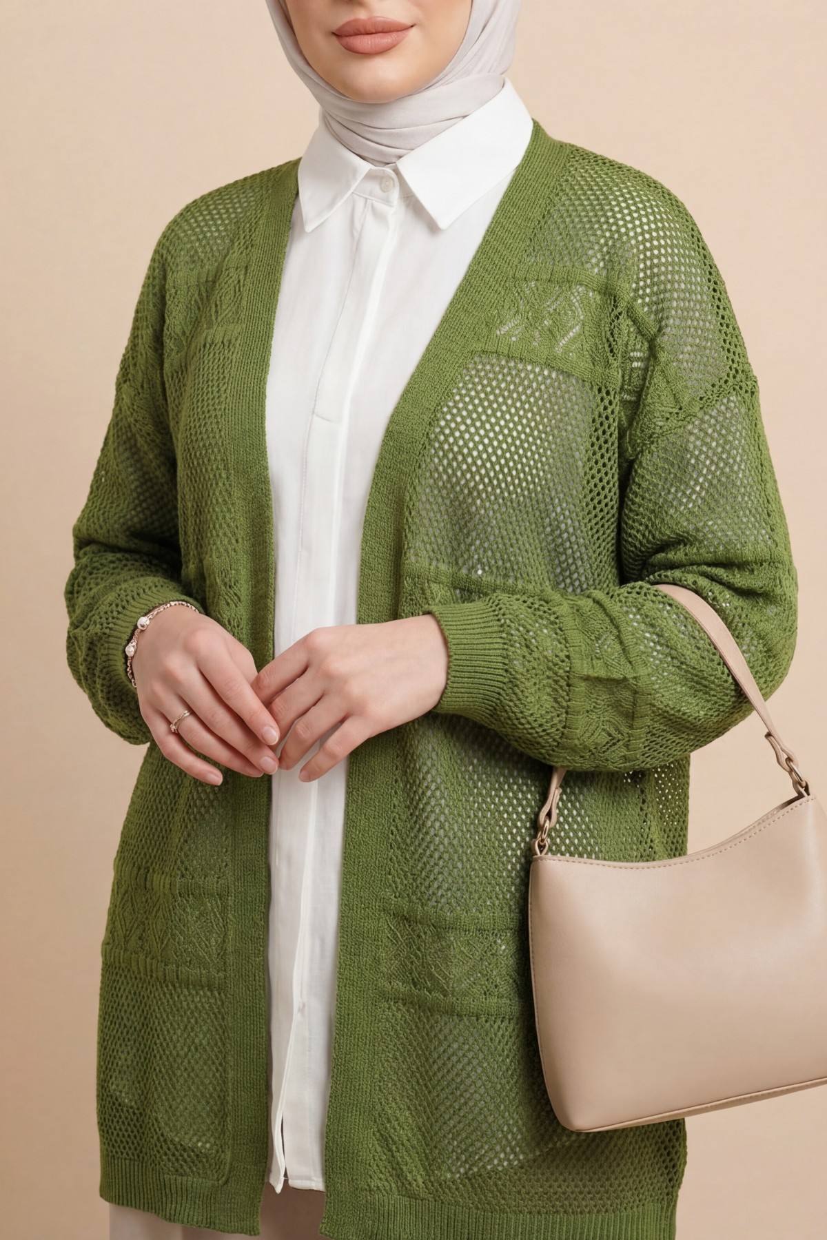 Patterned Openwork Knit Cardigan  -Oil Green