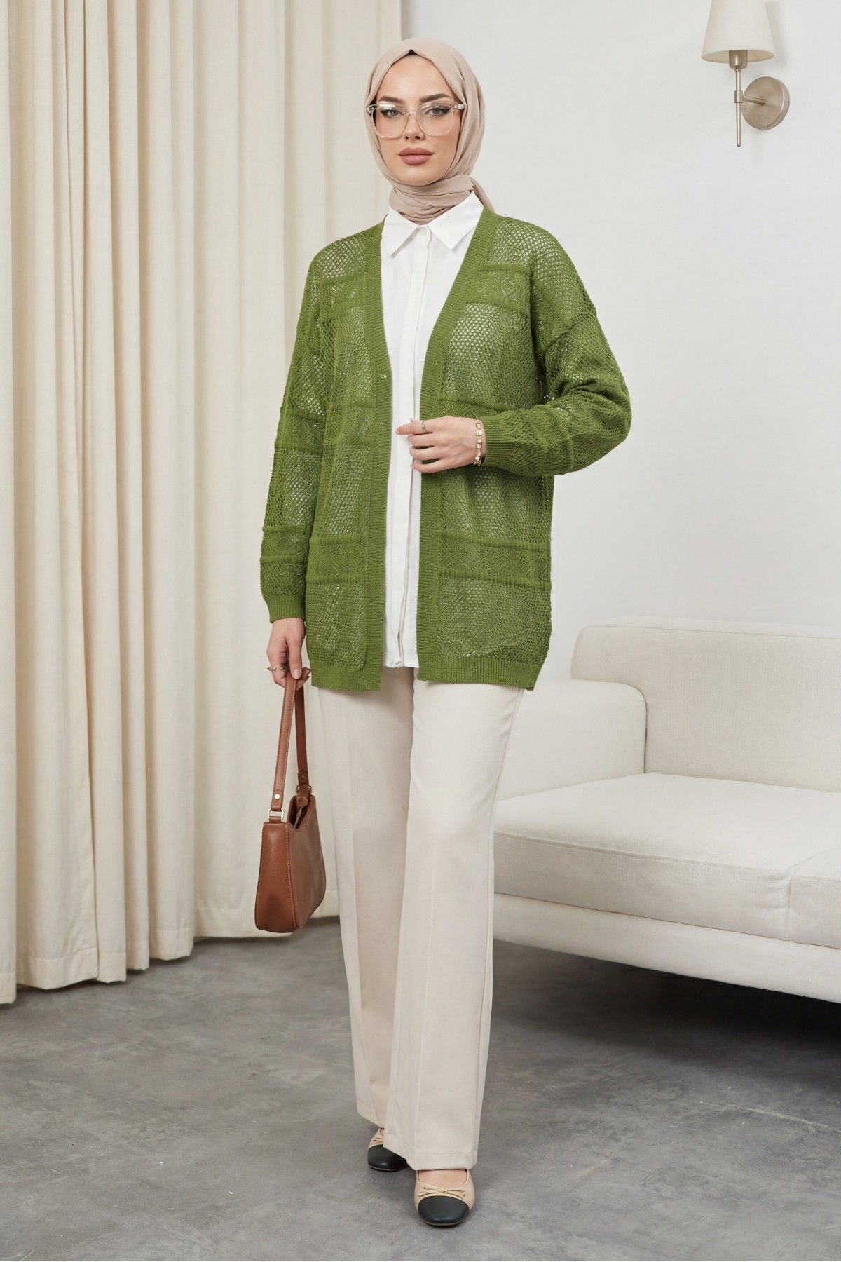 Patterned Openwork Knit Cardigan  -Oil Green