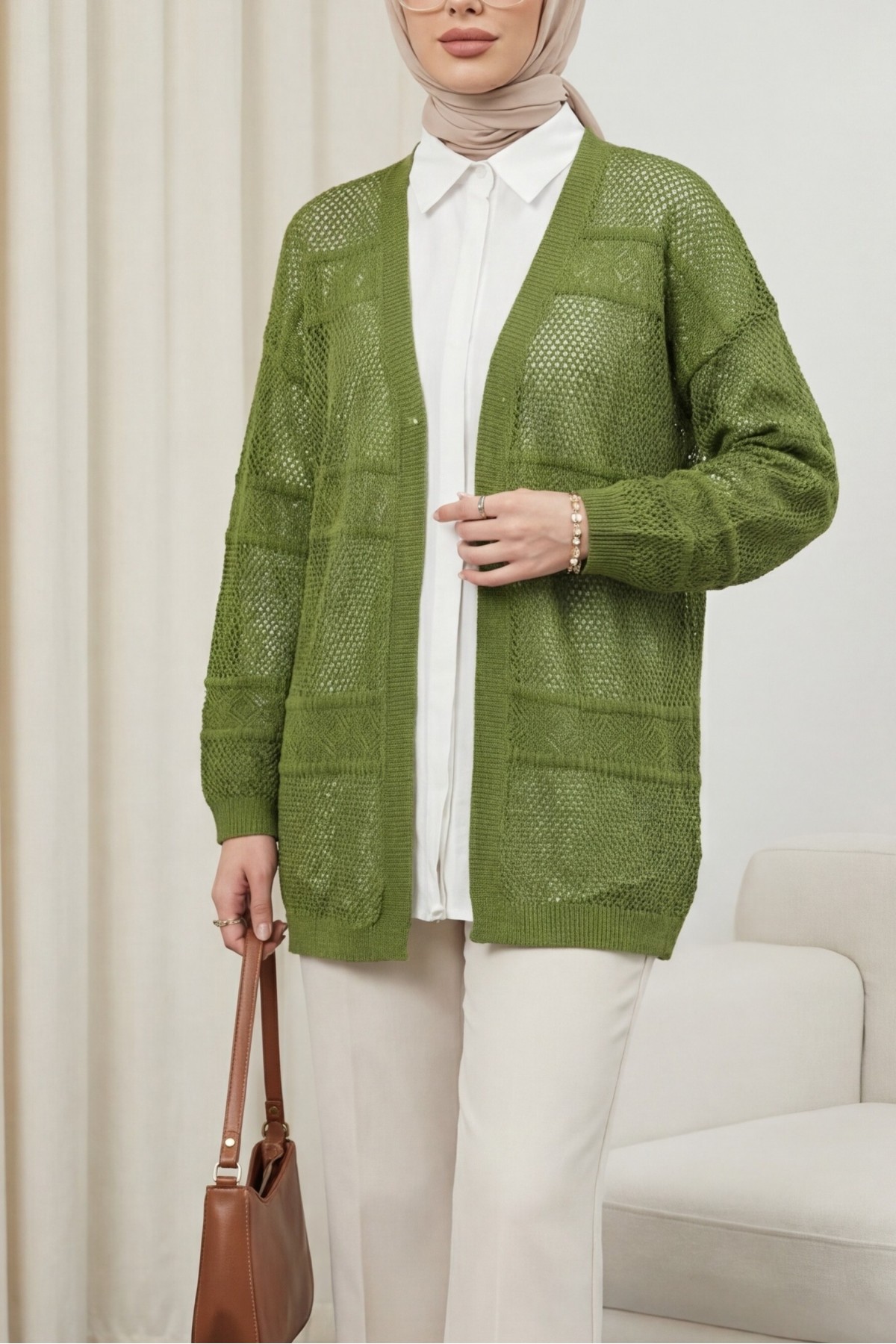 Patterned Openwork Knit Cardigan  -Oil Green