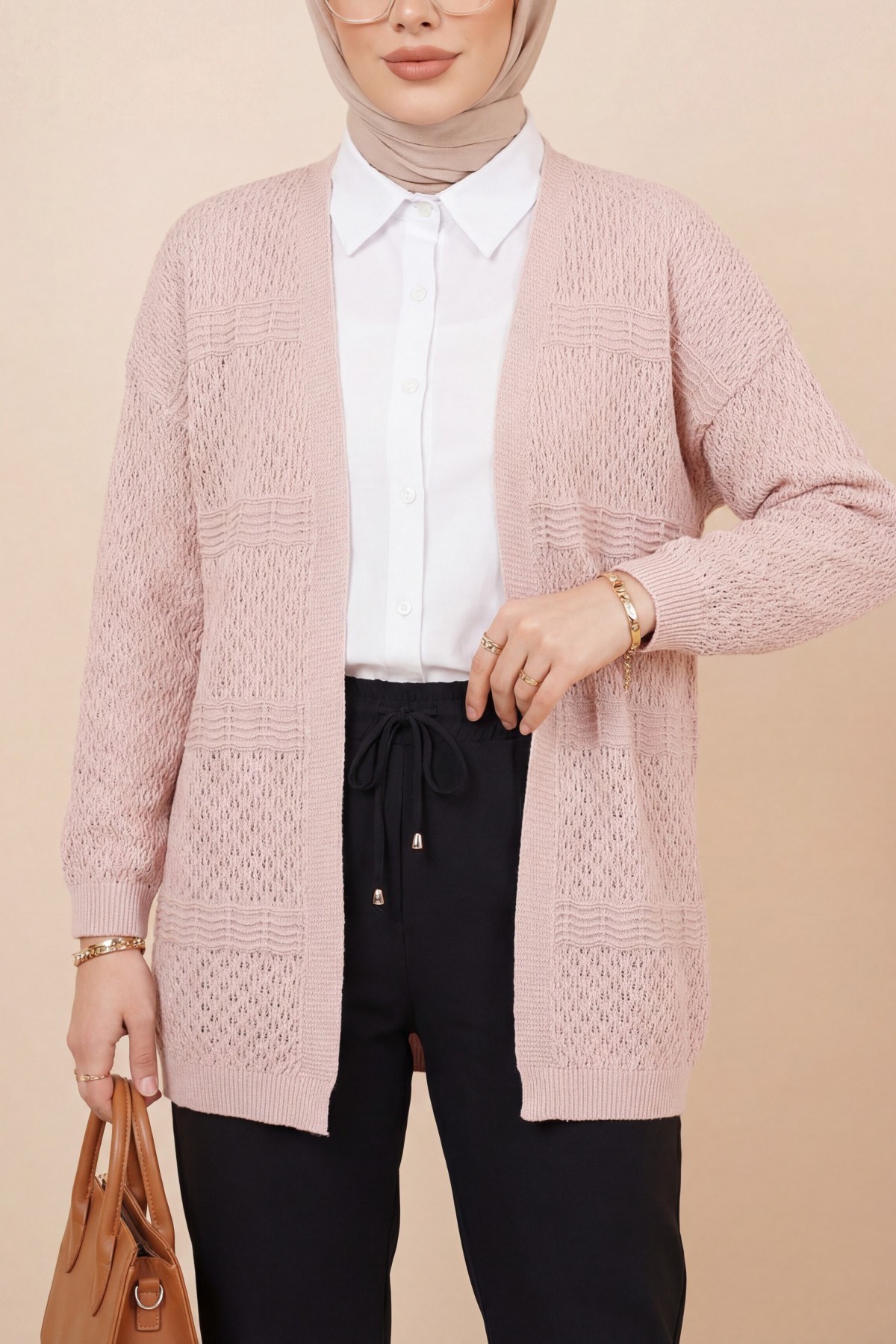 كارديجان محبوك بنمط مموج مفتوح -بودرة
