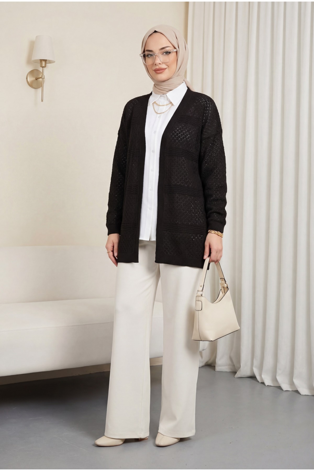 كارديجان محبوك بنمط مموج مفتوح -بنى