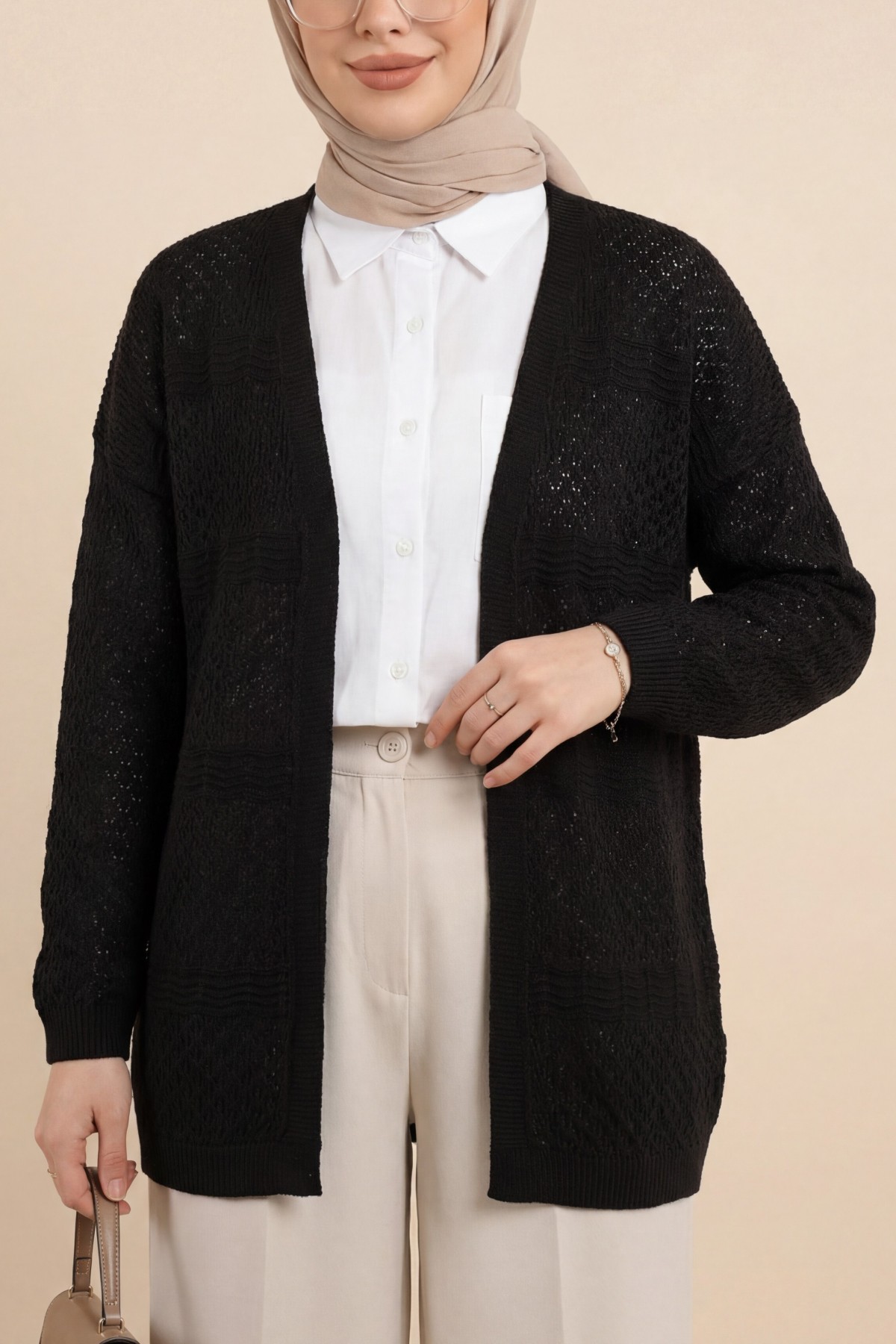 كارديجان محبوك بنمط مموج مفتوح -بنى