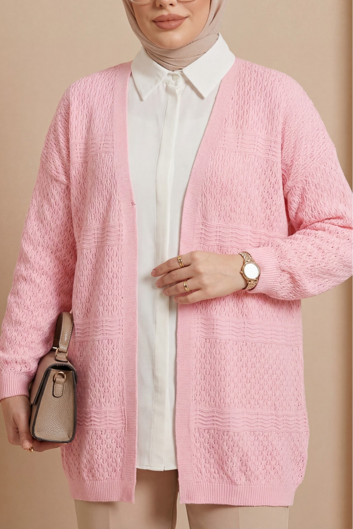 Ajurlu Dalga Desenli Triko Hırka  -Pembe