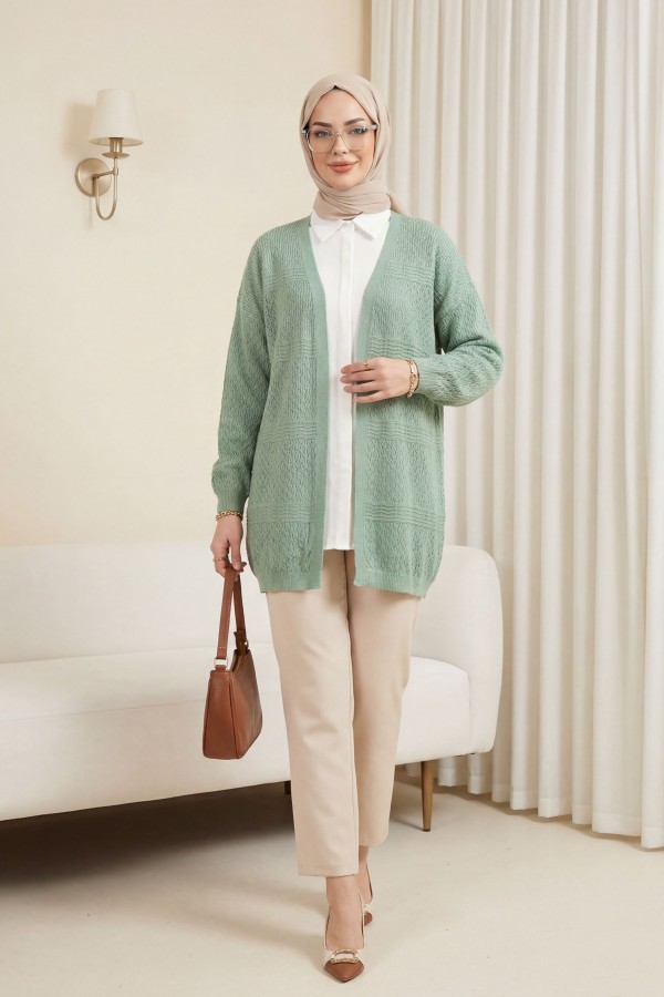 كارديجان محبوك بنمط مموج مفتوح  -لون النعناع