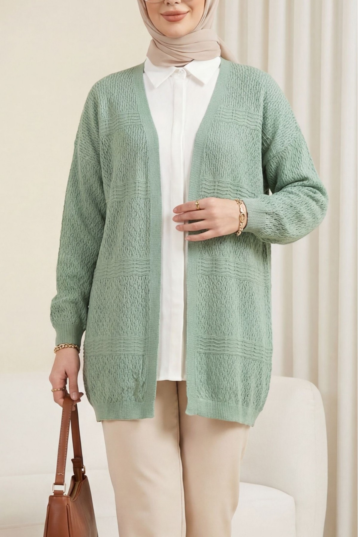 كارديجان محبوك بنمط مموج مفتوح  -لون النعناع