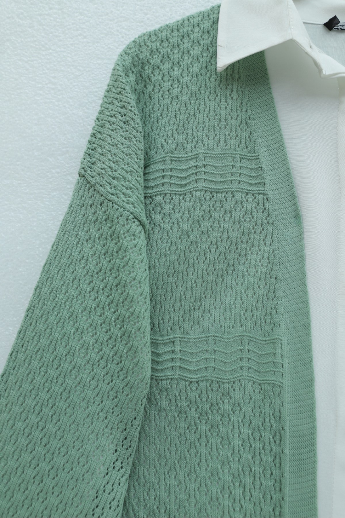 كارديجان محبوك بنمط مموج مفتوح  -لون النعناع