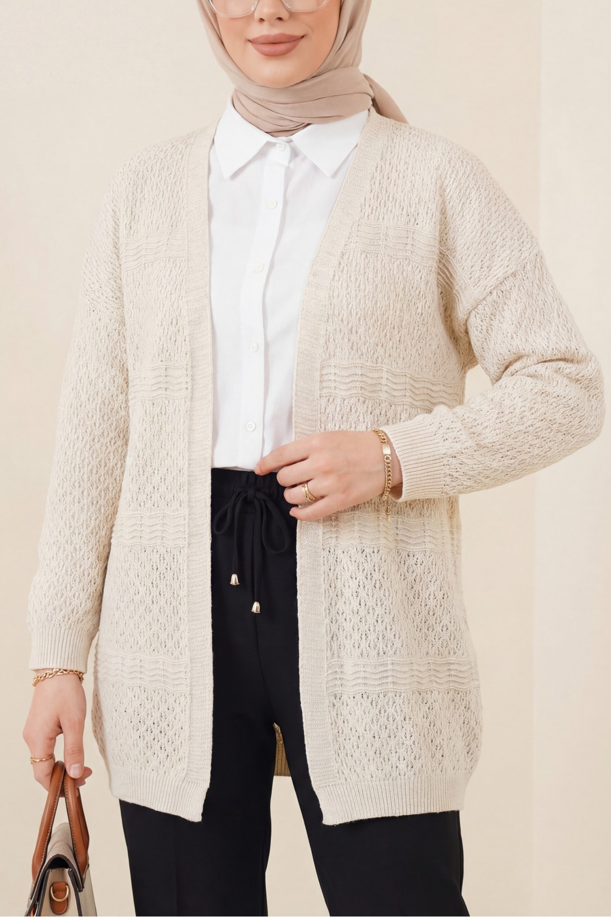 كارديجان محبوك بنمط مموج مفتوح -حجر