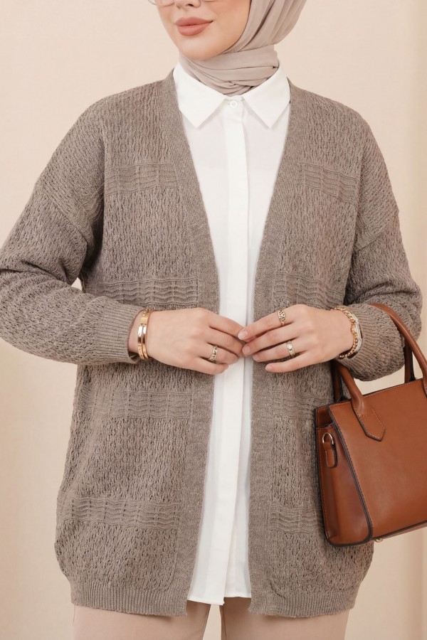 كارديجان محبوك بنمط مموج مفتوح   -قهوة مفتوحة