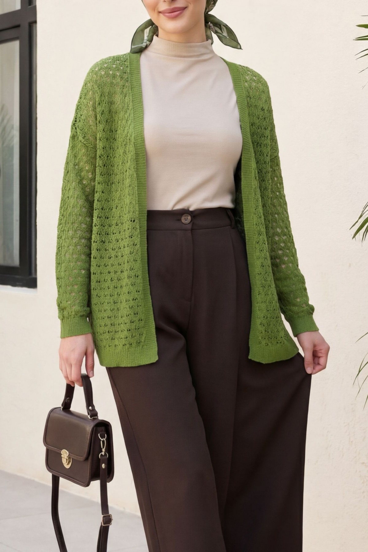 Openwork Loose Knit Cardigan -LIGHT GREEN