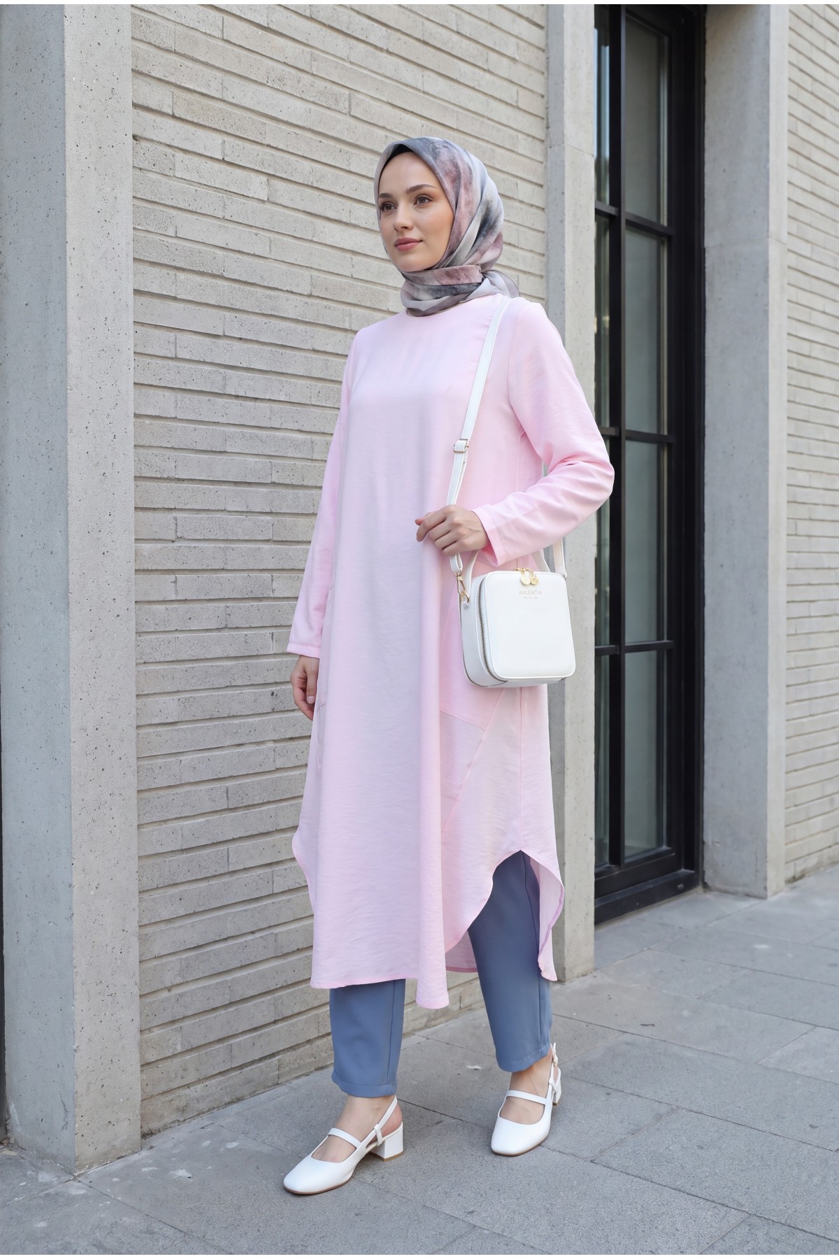 Long Rayon Tunic with Pockets and Side Slits -Powder