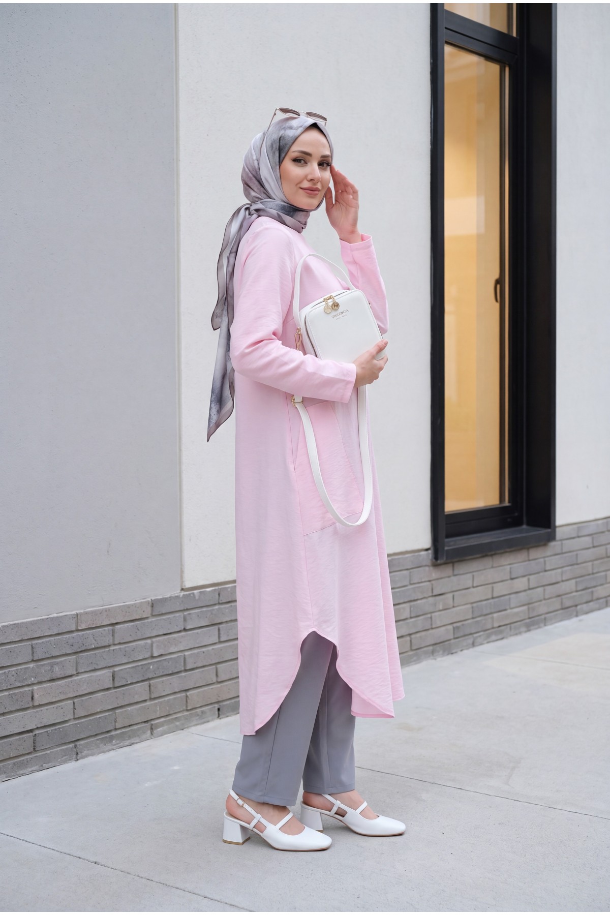 Long Rayon Tunic with Pockets and Side Slits -Powder