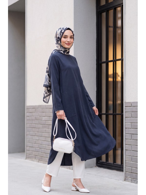 Cepli Yanları Yırtmaçlı Uzun Rayon Tunik  -Füme