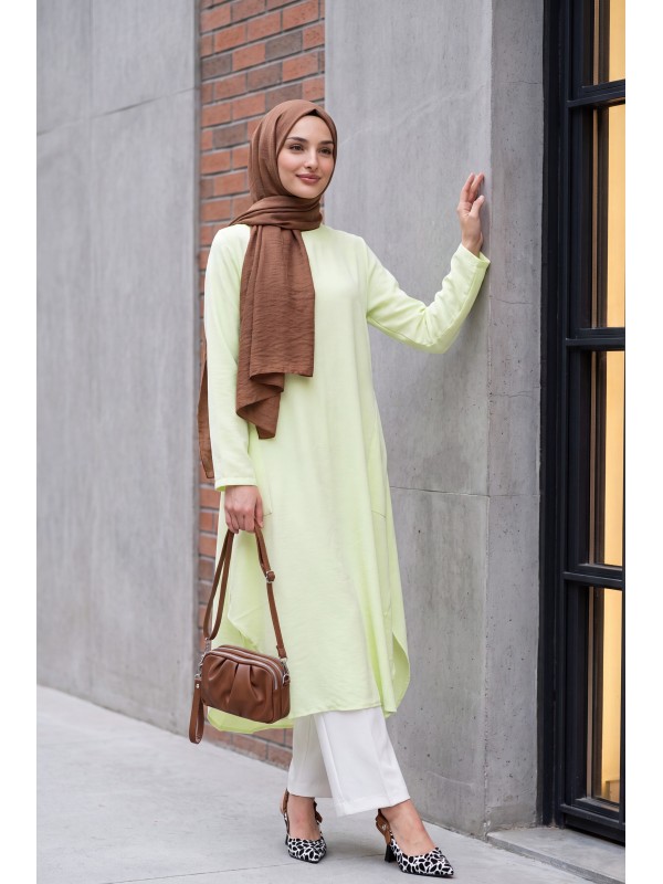 Long Rayon Tunic with Pockets and Side Slits -Light yellow