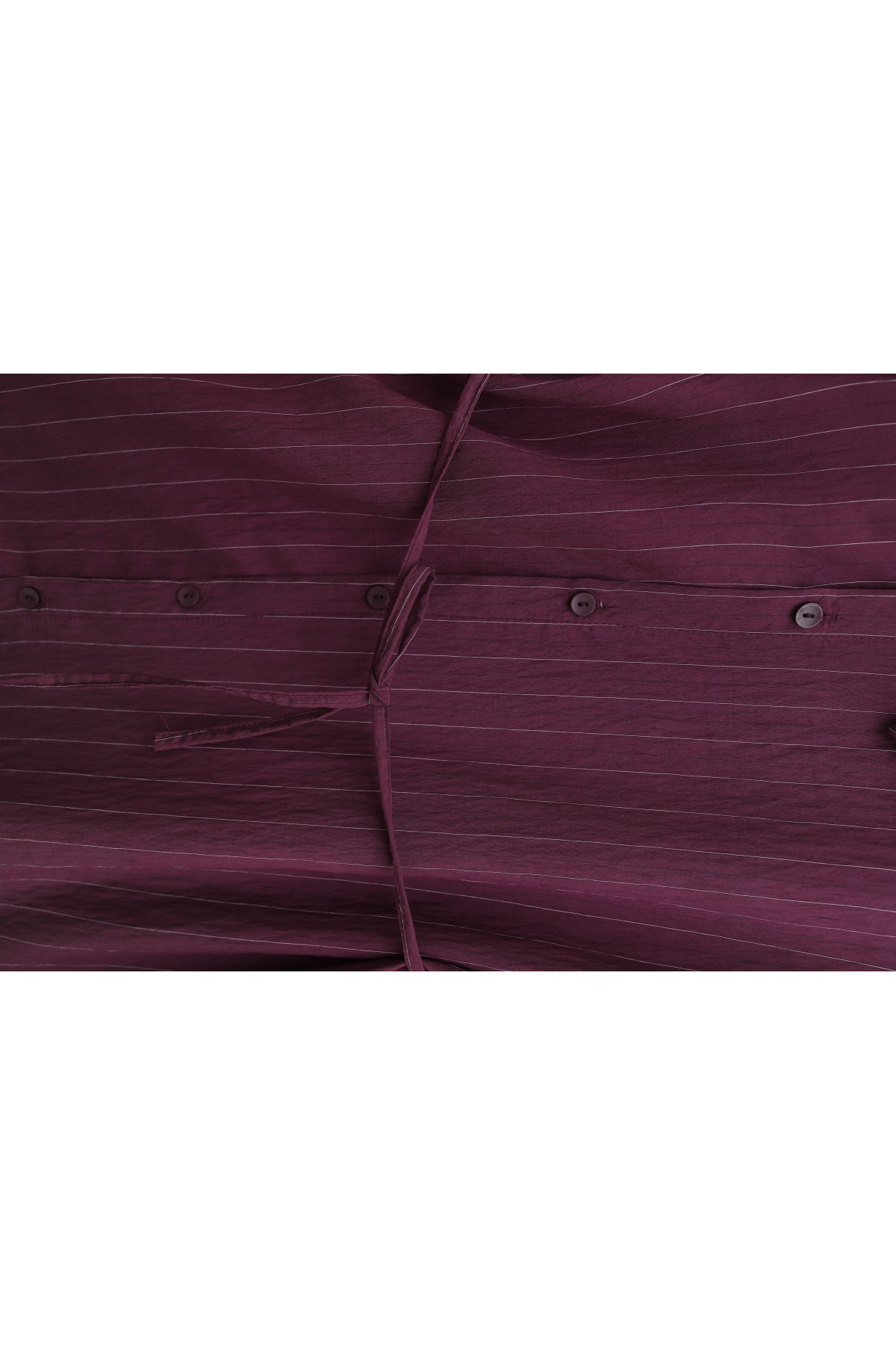 Yandan Yakalı Boydan Düğmeli Çizgili Bağcıklı Krinkıl Gömlek -Mürdüm