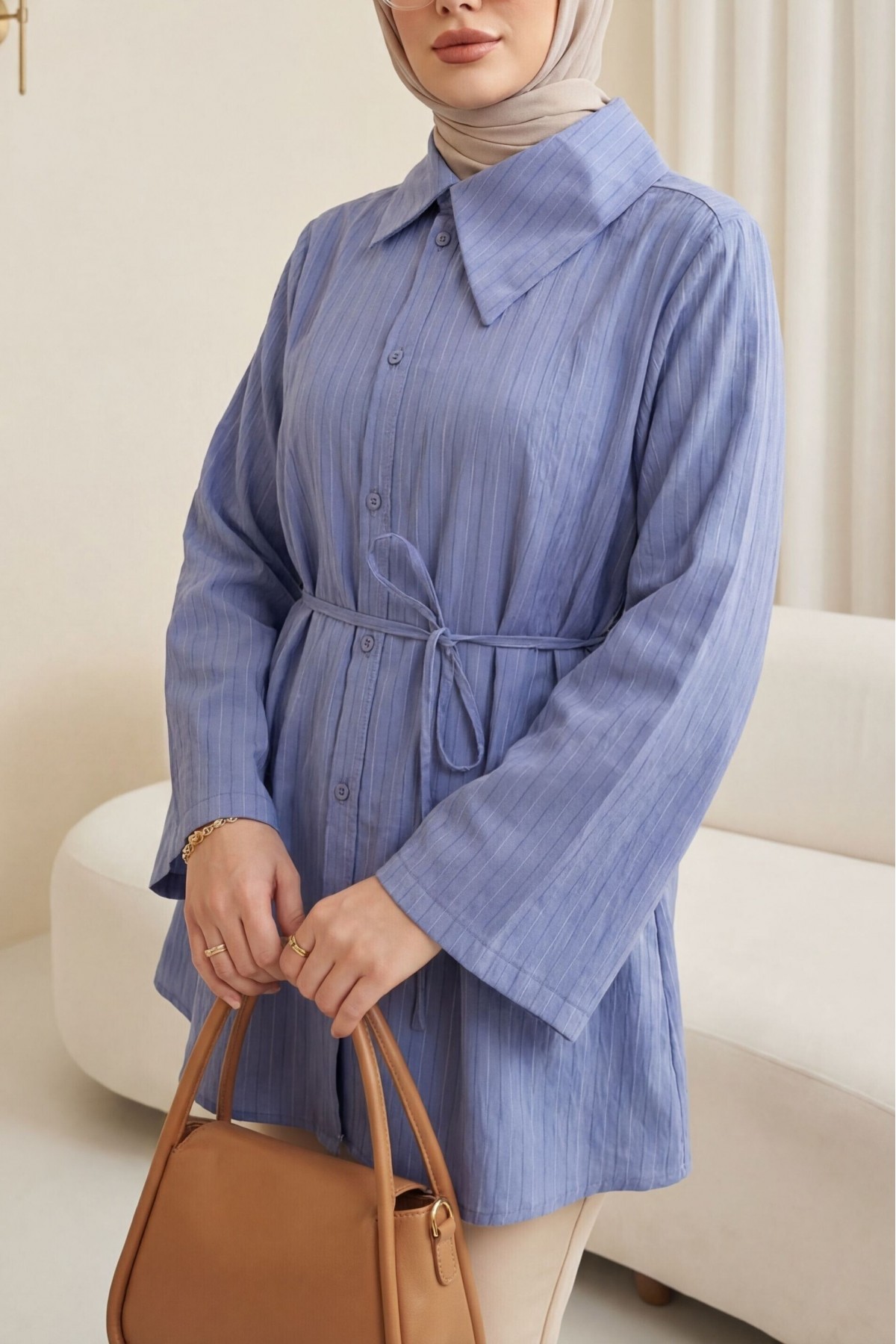 Yandan Yakalı Boydan Düğmeli Çizgili Bağcıklı Krinkıl Gömlek -İndigo