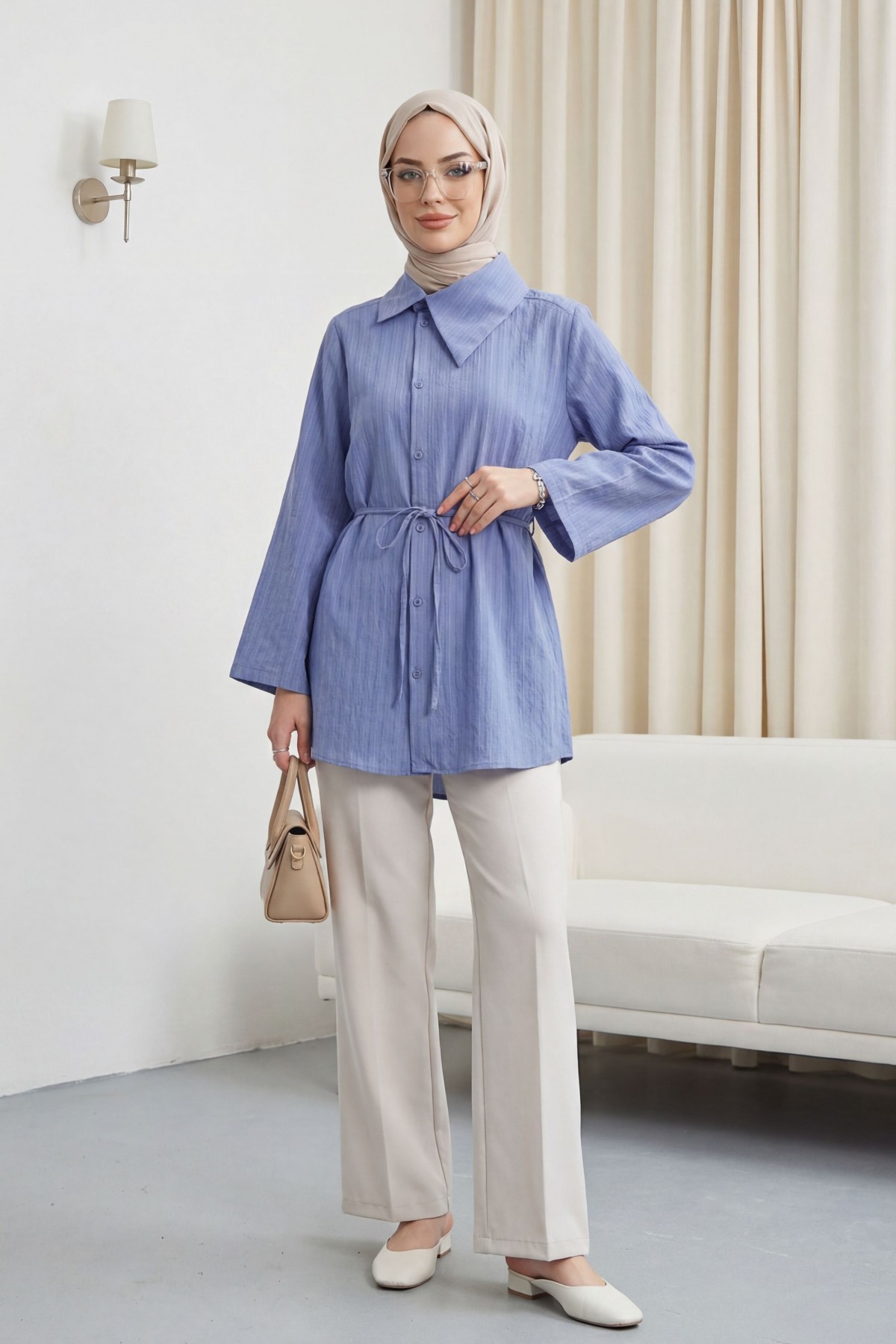 Yandan Yakalı Boydan Düğmeli Çizgili Bağcıklı Krinkıl Gömlek -İndigo