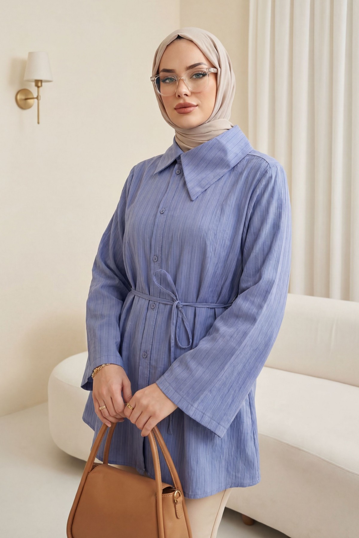 Yandan Yakalı Boydan Düğmeli Çizgili Bağcıklı Krinkıl Gömlek -İndigo