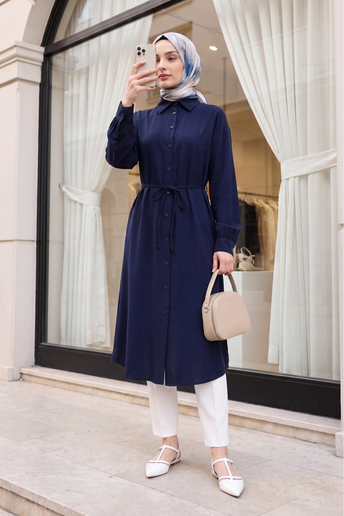 Button-front shirt collar, tie-waist long modal tunic -Navy blue