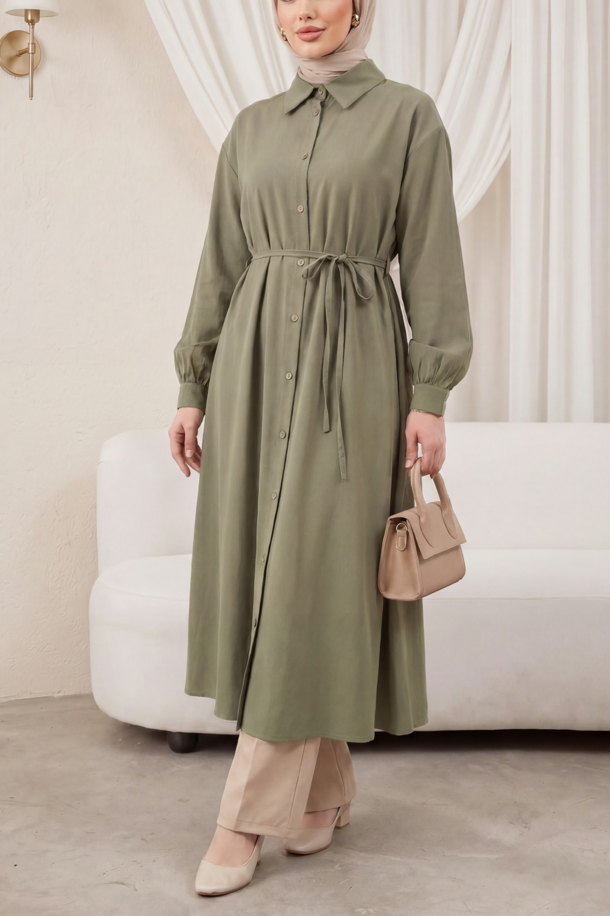 Button-front shirt collar, tie-waist long modal tunic -Khaki