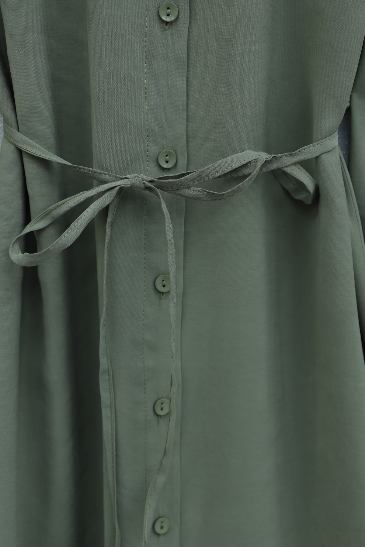 Button-front shirt collar, tie-waist long modal tunic -Khaki