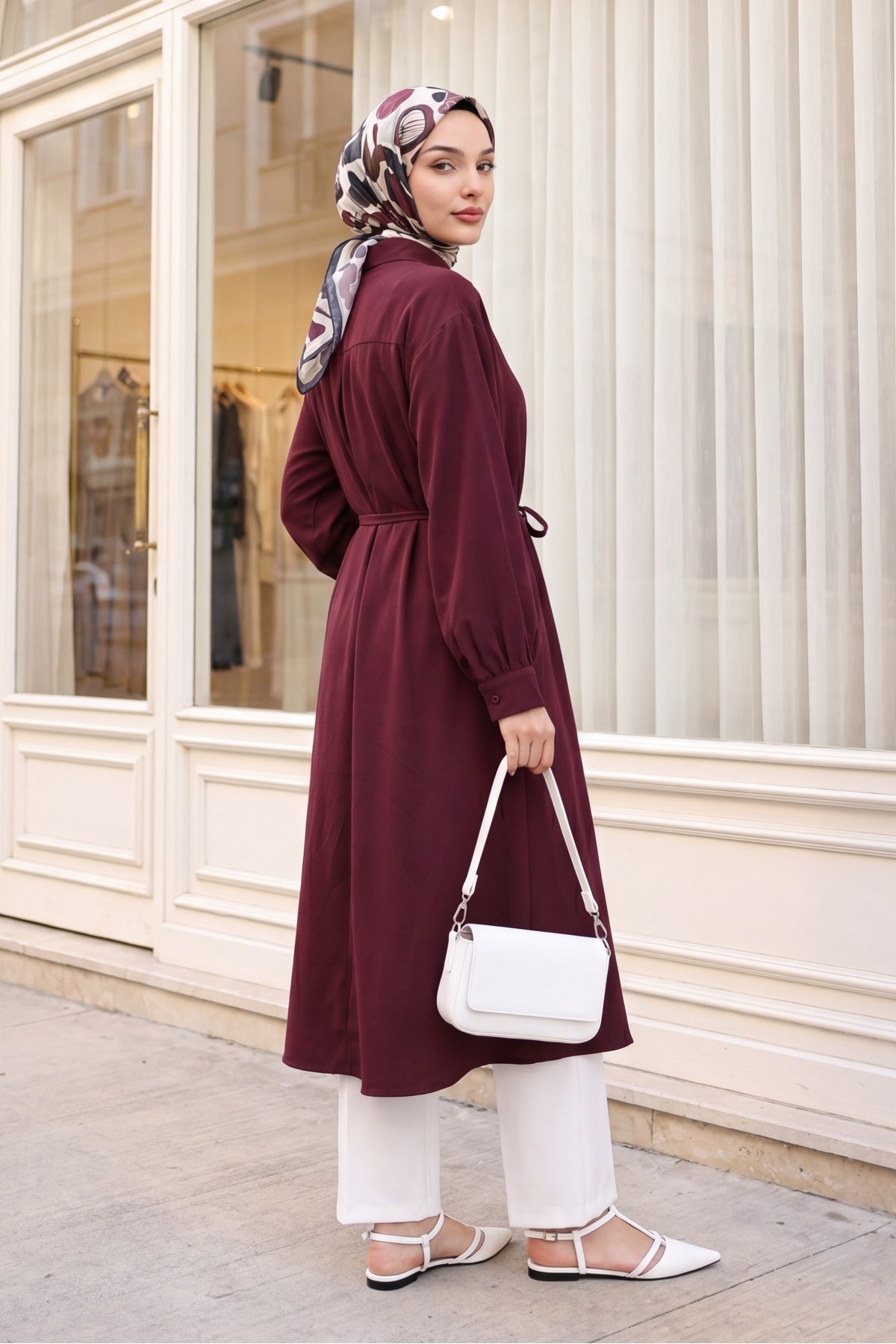 Button-front shirt collar, tie-waist long modal tunic -Damson