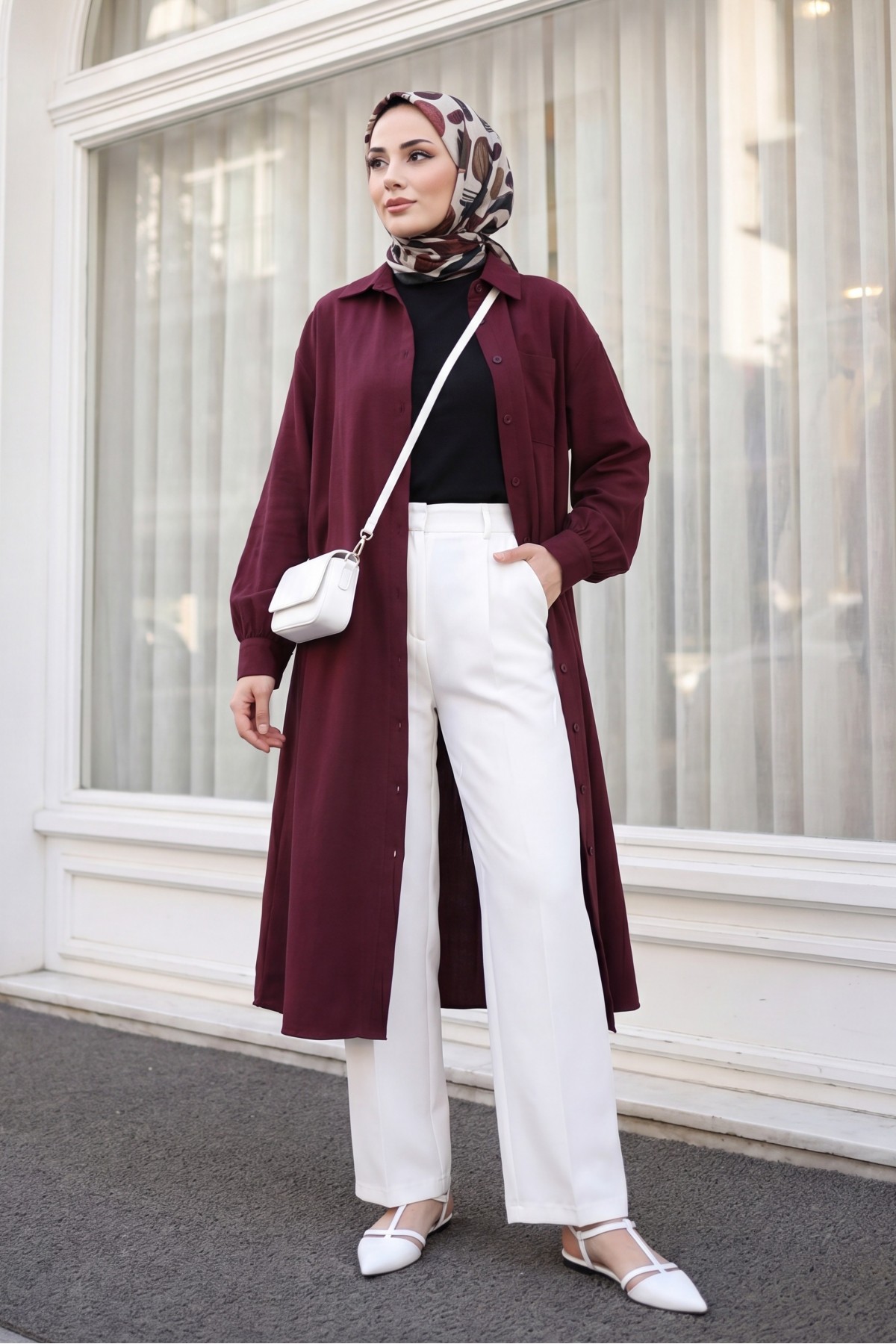Button-front shirt collar, tie-waist long modal tunic -Damson