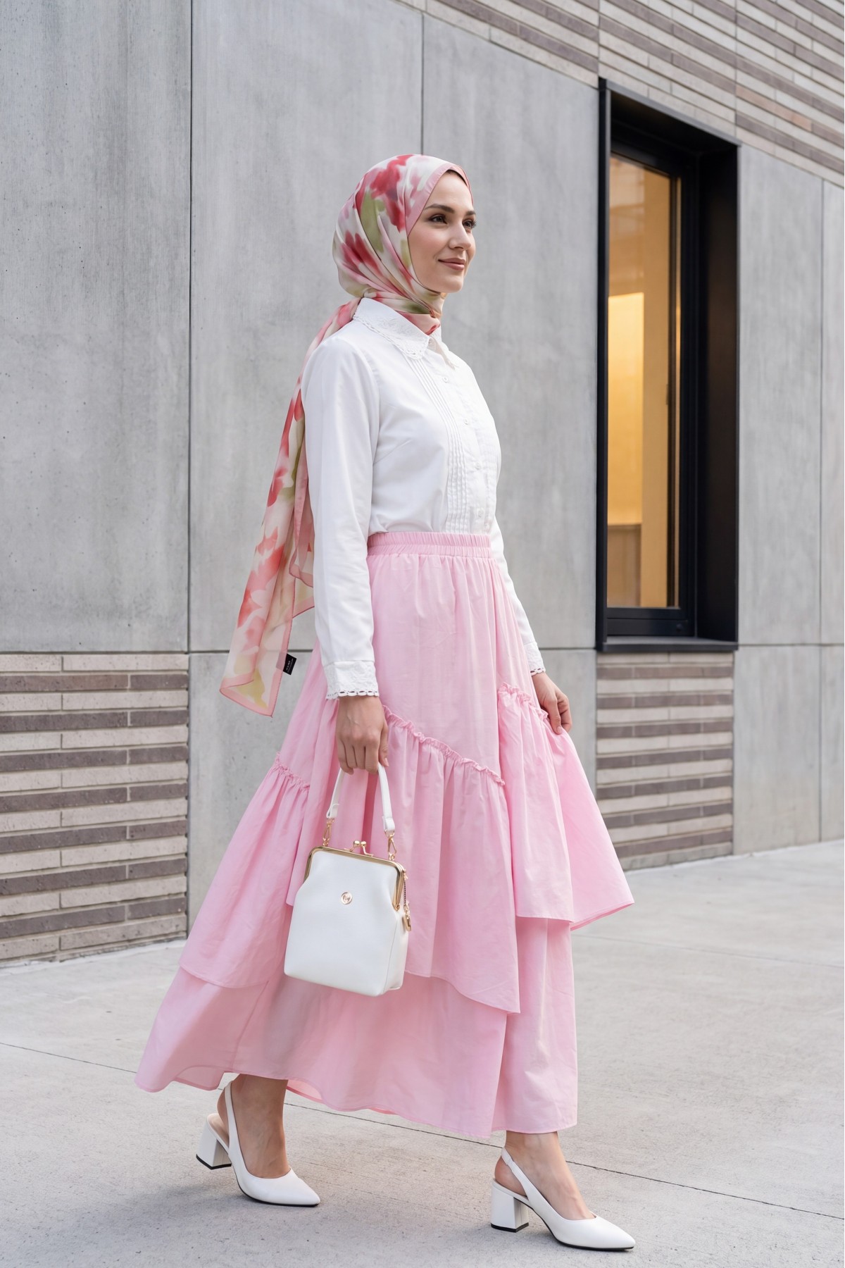 Beli Lastikli Asimetrik Fırfırlı Astarlı Vual Etek -Pembe