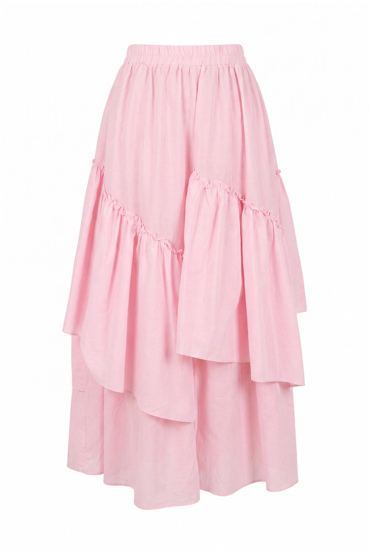Beli Lastikli Asimetrik Fırfırlı Astarlı Vual Etek -Pembe
