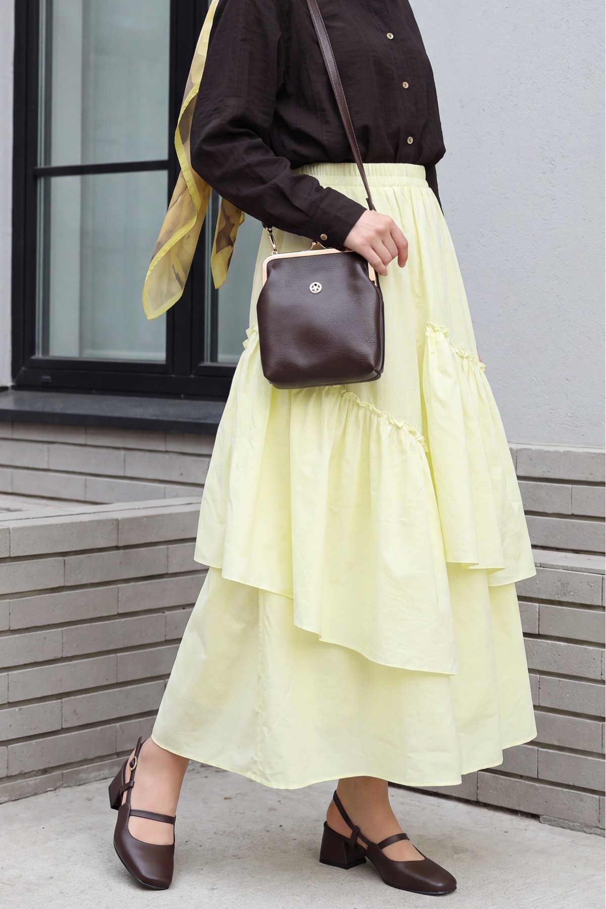 Asymmetrical, Ruffled, Lined Voile Skirt with Elastic Waistband -Yellow