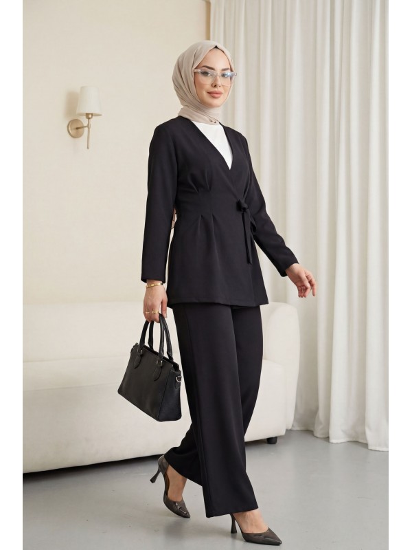 Imported Crepe Set with Dart Detail and Cross-Face Trousers -Black