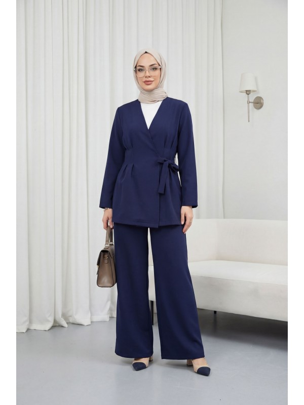 Imported Crepe Set with Dart Detail and Cross-Face Trousers -Navy blue