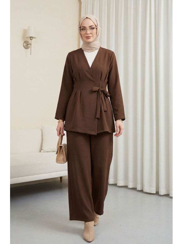 Imported Crepe Set with Dart Detail and Cross-Face Trousers -Brown