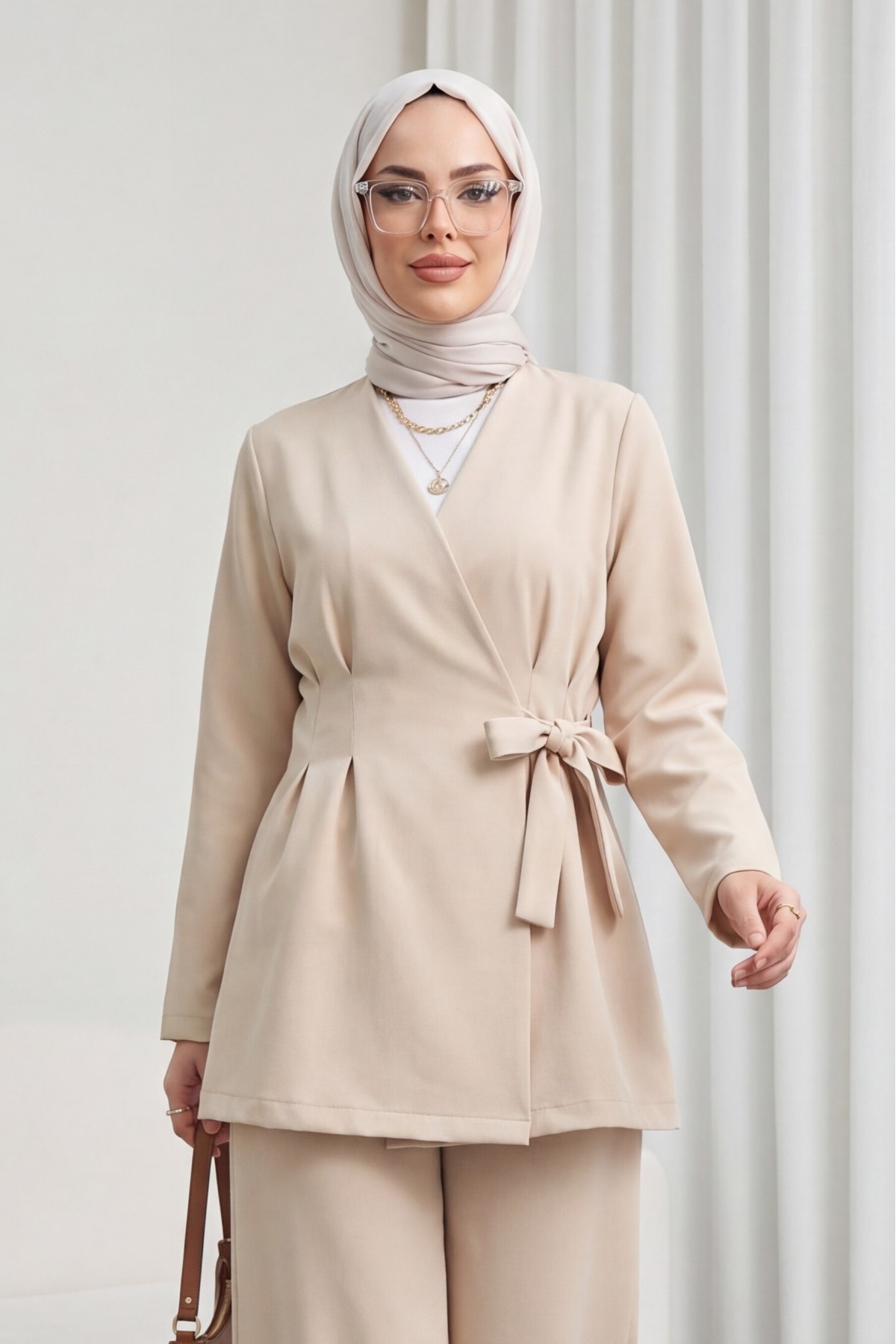Imported Crepe Set with Dart Detail and Cross-Face Trousers - Beige