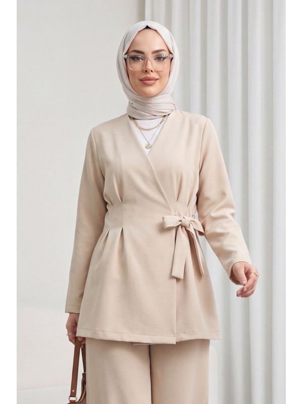 Imported Crepe Set with Dart Detail and Cross-Face Trousers - Beige