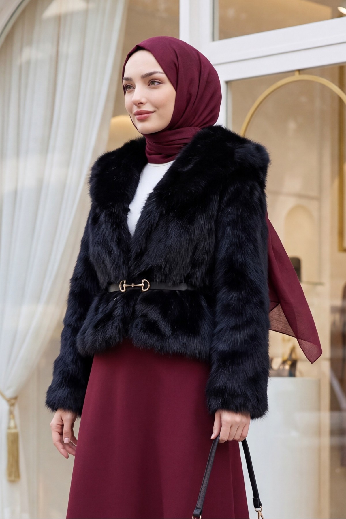 Kemerli Astarlı Cift Cepli Kürk Kaban -Siyah