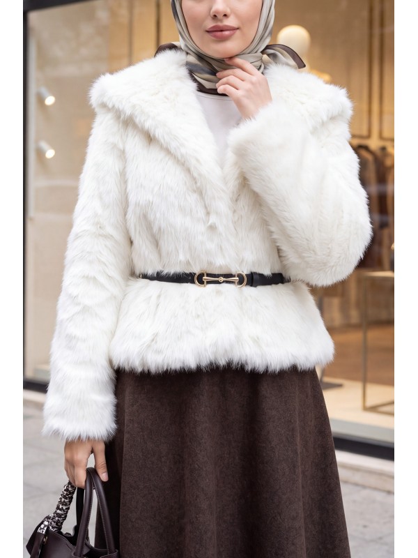 Belted, Lined, Double-Pocket Fur Coat -Ecru