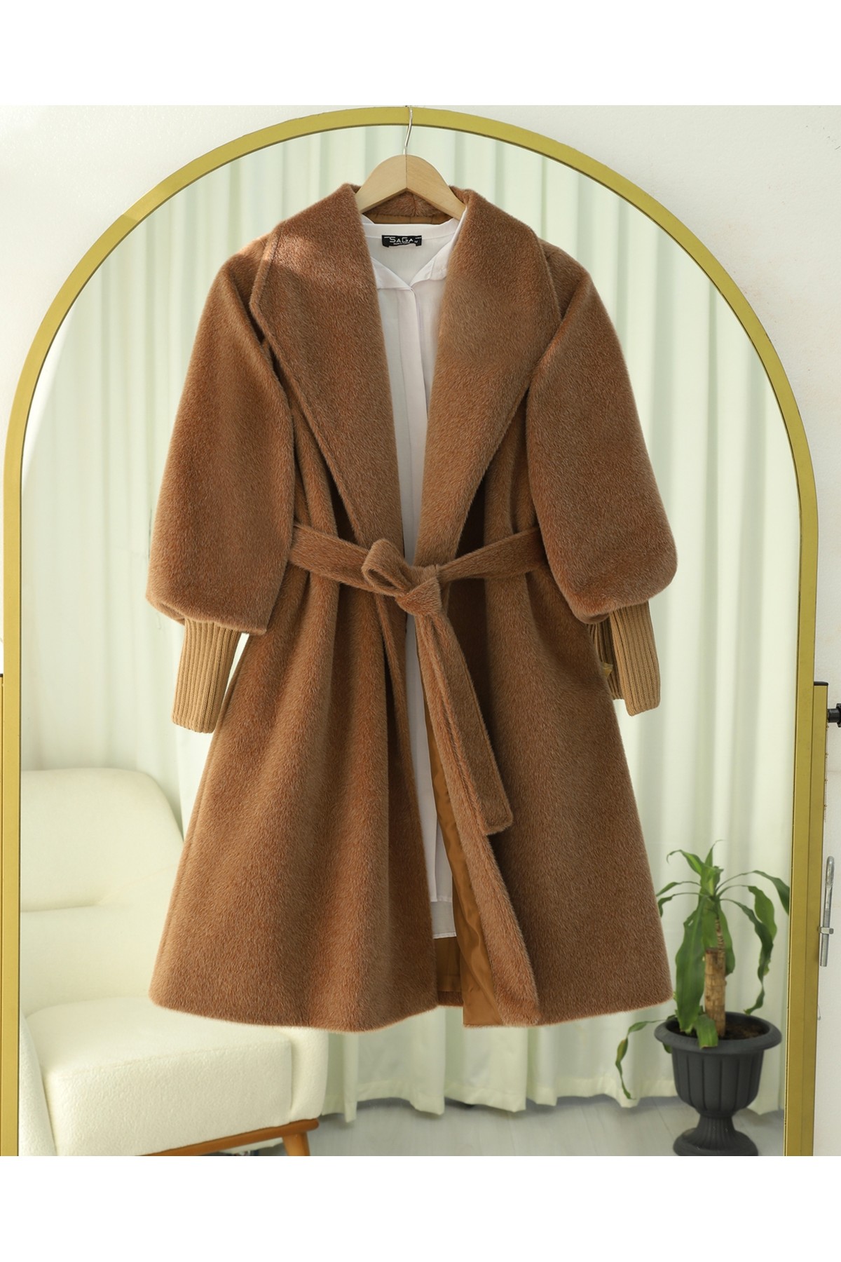 Shawl Collar Lined Cashmere Coat with Ribbed Sleeves  -Snuff