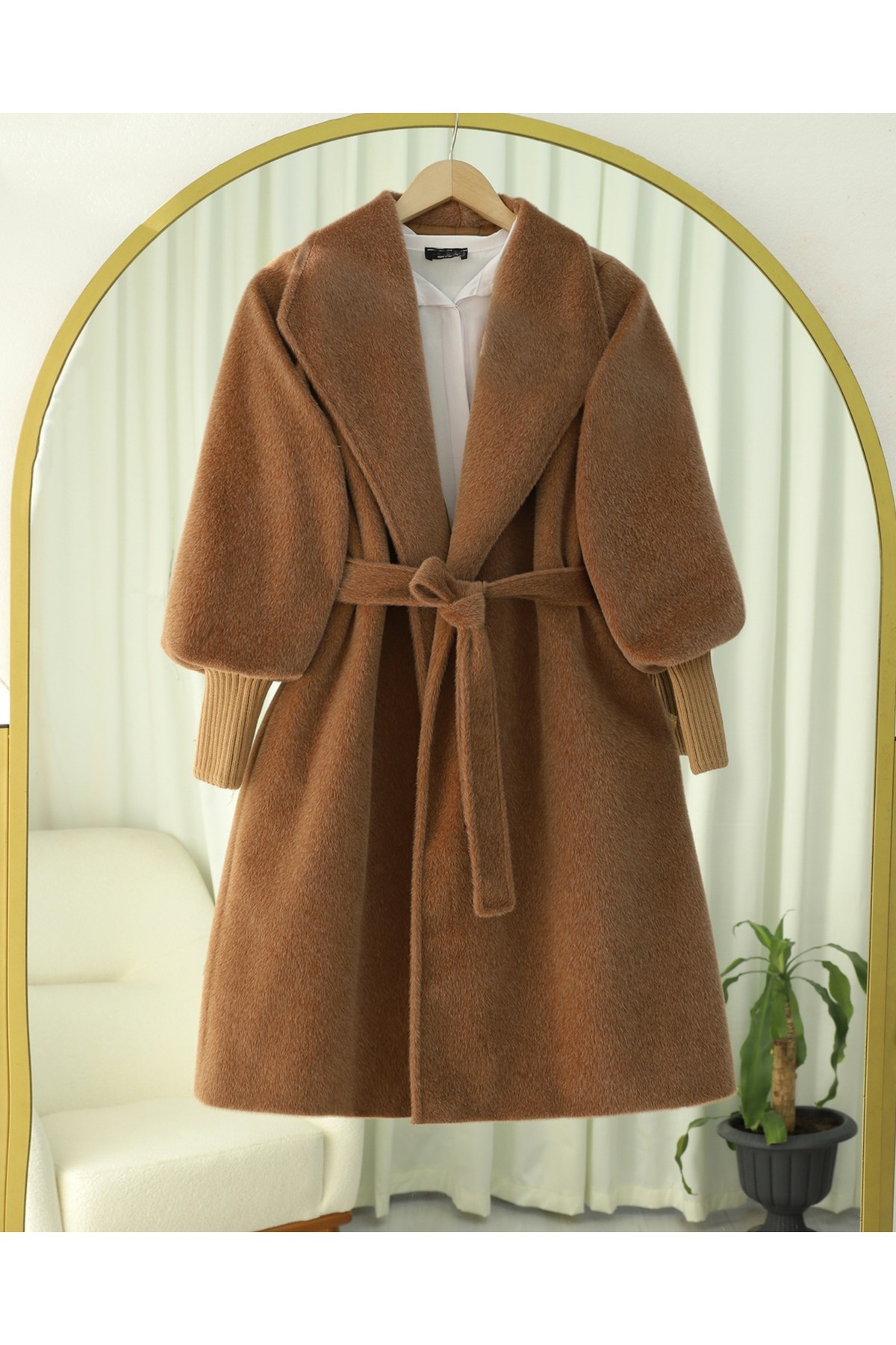 Shawl Collar Lined Cashmere Coat with Ribbed Sleeves  -Snuff