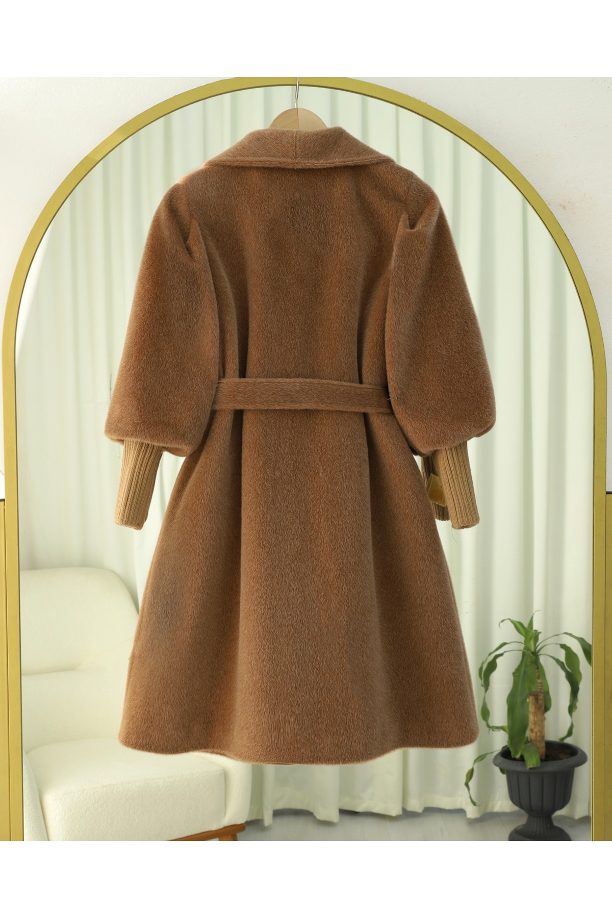 Shawl Collar Lined Cashmere Coat with Ribbed Sleeves  -Snuff