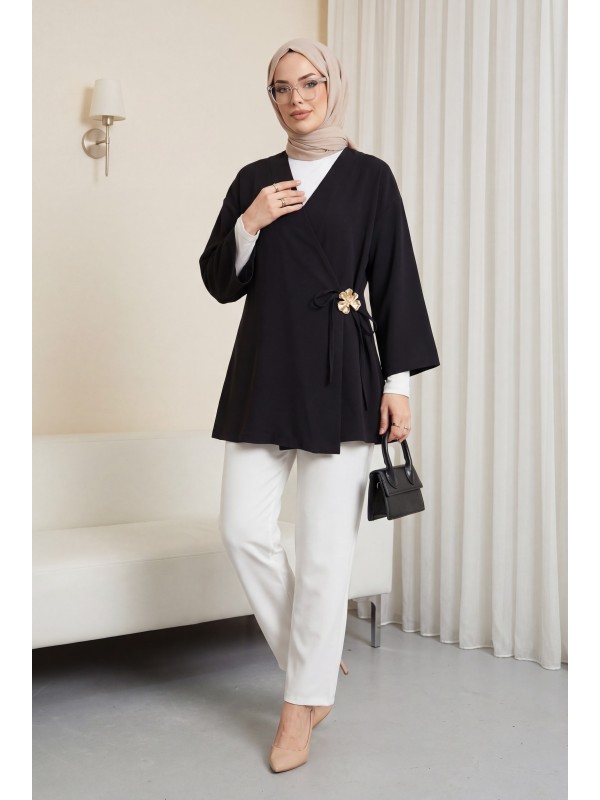 Modal Tunic with Side Cross Tie and Buckle -Black