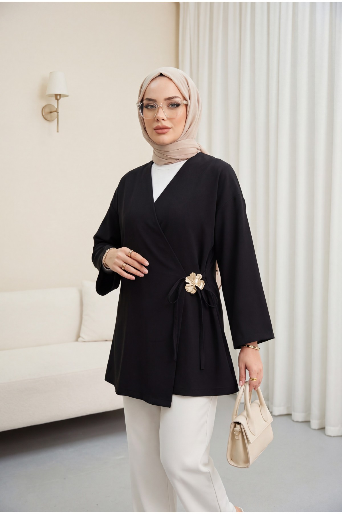 Modal Tunic with Side Cross Tie and Buckle -Black