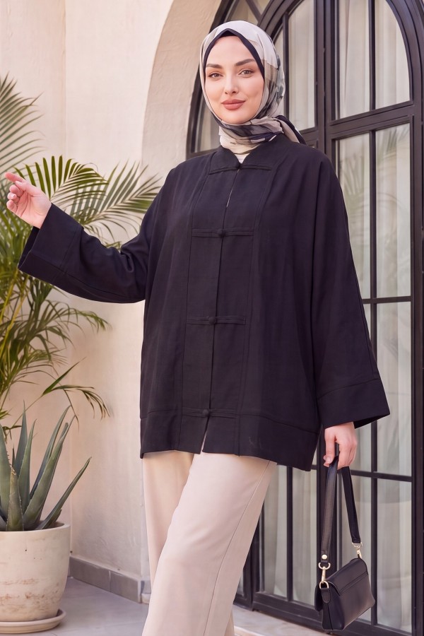 V-Neck Organza Voile Oversize Kimono with Piping Buttons -Black