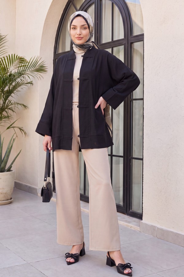 V-Neck Organza Voile Oversize Kimono with Piping Buttons -Black