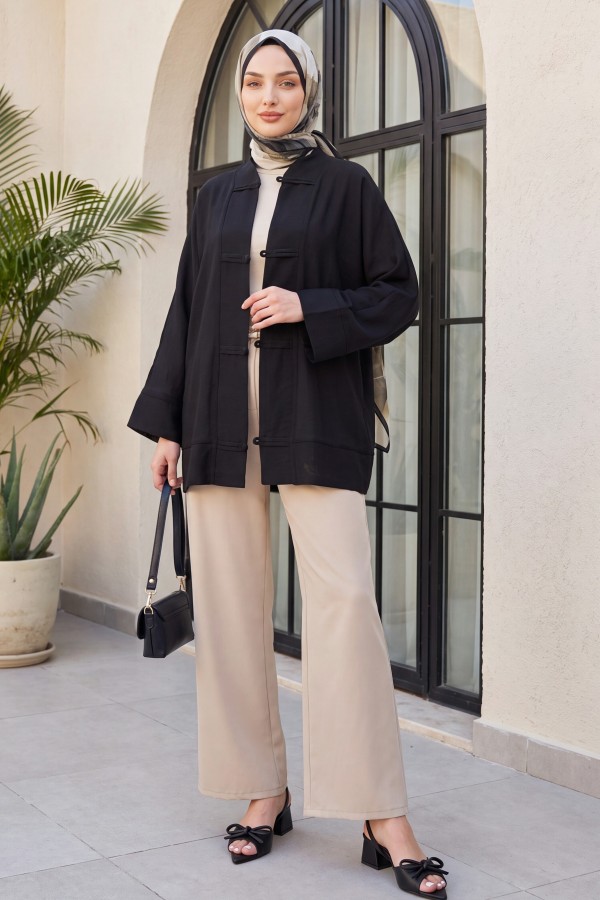 V-Neck Organza Voile Oversize Kimono with Piping Buttons -Black