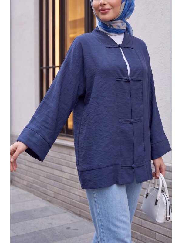 V-Neck Organza Voile Oversize Kimono with Piping Buttons -Navy blue