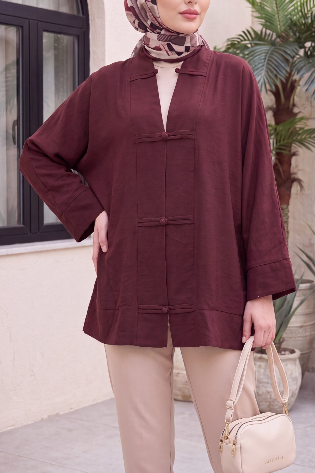 Biye Düğmeli V Yaka Organze Vual Oversize Kimono -Bordo