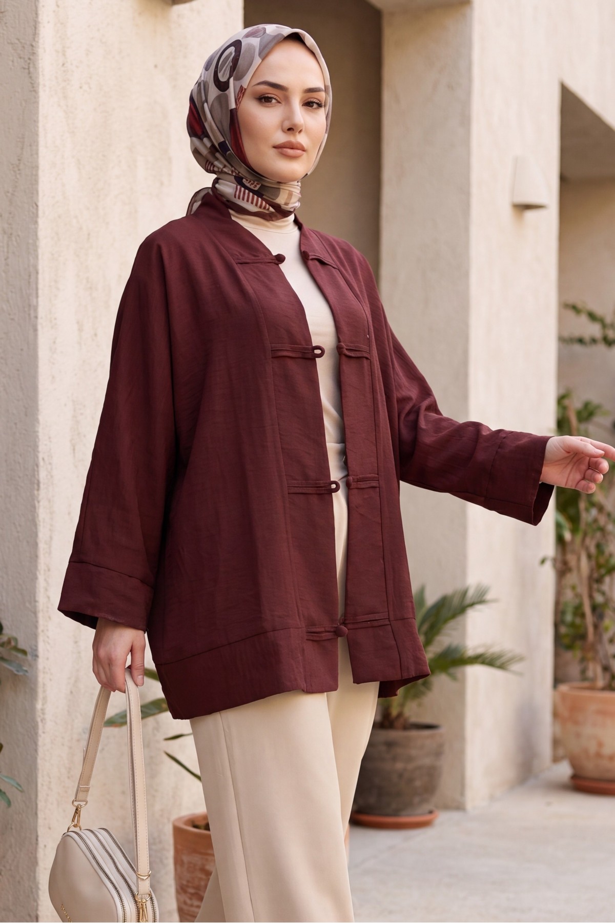 Biye Düğmeli V Yaka Organze Vual Oversize Kimono -Bordo